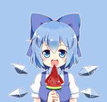  1girl blue_background blue_bow blue_eyes blue_hair blush bow cirno eyebrows_visible_through_hair food hair_bow ice ice_wings linda_b looking_at_viewer open_mouth popsicle short_hair short_sleeves simple_background smile solo touhou watermelon_bar wings 