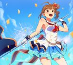  1girl blue_skirt blush bow brown_hair collarbone confetti day drill_hair eyebrows_visible_through_hair fireworks flag gloves hair_bow holding holding_flag idolmaster idolmaster_million_live! idolmaster_million_live!_theater_days kamille_(vcx68) looking_away open_mouth outdoors red_bow short_hair side_drill skirt smile solo teeth violet_eyes white_gloves yokoyama_nao 