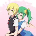  2girls :d ^_^ blonde_hair cato_(monocatienus) closed_eyes closed_eyes collar commentary_request daiyousei eyebrows_visible_through_hair fairy_wings frilled_collar frills green_hair hug hug_from_behind long_hair lunasa_prismriver multiple_girls no_hat no_headwear open_mouth pink_background puffy_short_sleeves puffy_sleeves short_hair short_sleeves side_ponytail simple_background smile touhou wings yellow_eyes 