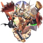  1girl beltbra breasts brown_eyes clover dark_skin four-leaf_clover full_body guilty_gear guilty_gear_xrd hat huge_weapon large_breasts last_period ramlethal_valentine revealing_clothes shorts solo thigh_strap thighs weapon white_hair white_hat white_shorts 