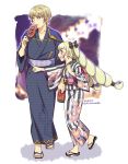  black_bow blonde_hair bow brother_and_sister dated earrings elise_(fire_emblem_if) fire_emblem fire_emblem_heroes fire_emblem_if floral_print from_side hair_bow hiwa_kurige ikayaki japanese_clothes jewelry kimono leon_(fire_emblem_if) long_hair multicolored_hair obi open_mouth pointing purple_hair sandals sash short_hair siblings standing twintails twitter_username violet_eyes wide_sleeves yukata 
