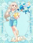  1girl :d ahoge ball beachball blue_background blue_eyes blue_shirt blue_shorts bracelet brown_eyes clenched_hand dragon full_body hand_up holding holding_ball jewelry long_hair low-tied_long_hair open_mouth original sandals seashell_print shirt shorts slee smile standing standing_on_one_leg 