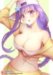  1girl arm_up bandeau bare_shoulders bb_(fate/extra_ccc) braid breasts collarbone eyebrows_visible_through_hair fate/grand_order fate_(series) flat_cap hat large_breasts long_hair navel nishino_(waero) open_mouth patreon_logo patreon_username pink_eyes purple_hair revision sideways_hat simple_background solo star stomach upper_body very_long_hair white_hat 