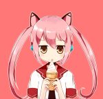  1girl blush brown_eyes character_request closed_mouth copyright_request eyebrows_visible_through_hair food ice_cream linda_b long_hair looking_at_viewer pink_background pink_hair short_sleeves simple_background solo tongue tongue_out twintails upper_body 