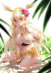  1girl backlighting bikini blonde_hair bracelet breasts cleavage fate/grand_order fate_(series) flower full_body hair_flower hair_ornament head_wings hibiscus highres jewelry large_breasts long_hair looking_at_viewer navel necklace red_eyes shinonome_ryuu sitting solo swimsuit thrud_(fate/grand_order) valkyrie_(fate/grand_order) wariza water white_bikini 