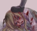  1girl ahoge aosora_(mizore) bandaid black_footwear blonde_hair blood blood_on_face bloody_clothes blouse blue_eyes foot_on_head long_hair open_mouth original solo stepped_on sweater_vest white_blouse white_legwear 