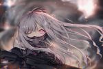  1girl ak-12 ak-12_(girls_frontline) assault_rifle bangs black_gloves black_ribbon blurry blurry_background braid breasts cloak explosion eyebrows_visible_through_hair floating_hair french_braid gas_mask girls_frontline gloves glowing glowing_eye gun highres holding holding_gun holding_weapon jacket light_particles long_hair long_sleeves looking_at_viewer medium_breasts one_eye_closed outdoors pollity ribbon rifle sidelocks silver_hair smoke solo tactical_clothes very_long_hair violet_eyes weapon wind wind_lift 