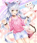  1girl absurdres ahoge animal_ears arms_up bag bangle bell bracelet brown_eyes cat_ears cat_tail choker fang highres jewelry jingle_bell long_hair open_mouth original pink_shirt shirt shorts silver_hair smile solo tail white_shorts 