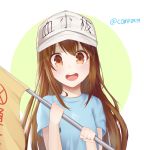  1girl :d blue_shirt blush brown_eyes brown_hair character_name clothes_writing commentary_request ds_a flag flat_cap green_background grey_hat hands_up hat hataraku_saibou holding holding_flag long_hair looking_at_viewer open_mouth platelet_(hataraku_saibou) round_teeth shirt short_sleeves smile solo teeth twitter_username two-tone_background upper_teeth very_long_hair white_background 