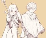  1boy 1girl blush dress gloves jewelry long_hair monochrome octopath_traveler ophilia_(octopath_traveler) petting scarf short_hair simple_background smile staff therion_(octopath_traveler) wspread 