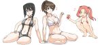  arm_support bangs barefoot bikini black-framed_eyewear black_bow black_choker black_eyes black_hair black_ribbon blush bow breasts brown_eyes brown_hair choker closed_mouth commentary_request crab fang front-tie_bikini front-tie_top frown girls_und_panzer hair_bow hair_ribbon hand_holding hand_on_own_thigh heart highres holding hp23 kadotani_anzu kawashima_momo koyama_yuzu leaning_to_the_side long_hair looking_at_another medium_breasts monocle navel ooarai_military_uniform ooarai_school_uniform open_mouth orange_eyes parted_bangs red_bikini redhead ribbon ribbon_choker semi-rimless_eyewear shadow short_hair short_ponytail simple_background sitting slingshot_swimsuit smile squatting swimsuit twintails under-rim_eyewear wariza white_background white_bikini yokozuwari yuri 