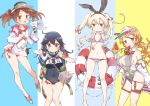  4girls adapted_costume alternate_hairstyle anchor_hair_ornament bag bandaid bell between_breasts bikini black_hair blonde_hair blouse blue_sailor_collar blue_swimsuit breasts brown_eyes brown_hair collarbone crab detached_collar detached_sleeves flat_chest food garter_straps grey_eyes grey_swimsuit hair_ornament hairband headdress ice_cream jingle_bell kantai_collection large_breasts lifebuoy lifebuoy_hair_ornament littorio_(kantai_collection) long_hair looking_at_viewer magatama multiple_girls one-piece_swimsuit ponytail red_bikini ryuujou_(kantai_collection) sailor_collar school_swimsuit school_uniform serafuku shimakaze_(kantai_collection) shirt sodapop_(iemaki) speaker strap_cleavage swimsuit swimsuit_under_clothes twintails ushio_(kantai_collection) visor_cap wavy_hair whistle white_bikini 