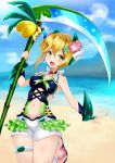  1girl absurdres akatsuki_kirika bare_shoulders beach blonde_hair blush carpathiyo clouds commentary_request day flower frills green_eyes hair_flower hair_ornament headgear highres holding holding_weapon looking_at_viewer navel one-piece_swimsuit open_mouth outdoors sand sandals scythe senki_zesshou_symphogear senki_zesshou_symphogear_xd_unlimited shiny shiny_skin short_hair shorts solo swimsuit water weapon x_hair_ornament 