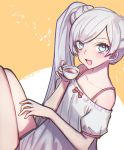  1girl artist_name blue_eyes blush bowl coffee cup ecru long_hair music musical_note open_mouth ponytail rwby scar scar_across_eye singing solo teacup twitter_username weiss_schnee white_hair 