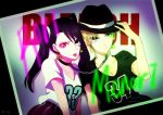  2girls arrancar black_hair black_shirt bleach blonde_hair breasts chains character_name cleavage collar copyright_name earrings eyepatch green_eyes hat jewelry loly_aivirrne long_hair looking_at_viewer menoly_mallia multiple_girls number ronisuke shirt short_hair skirt striped striped_skirt triangle_earrings twintails violet_eyes white_shirt 