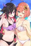  2girls :o ;d bare_arms bare_shoulders beach bikini black_bikini_bottom black_hair blue_sky blush breasts cleavage clouds collarbone commentary_request day demon_tail green_eyes hair_flaps hand_up highres himawari_honma horizon light_brown_hair long_hair medium_breasts multicolored_hair multiple_girls navel nijisanji ocean one_eye_closed open_mouth outdoors pink_hair pointy_ears purple_bikini_top racchi. red_eyes round_teeth sand short_hair side-tie_bikini sky smile swimsuit tail teeth two-tone_hair upper_teeth very_long_hair virtual_youtuber water white_bikini yamiyono_moruru 