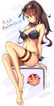  1girl absurdres arm_support barefoot beatrix_(granblue_fantasy) bikini blue-framed_eyewear blue_ribbon breasts brown_hair cleavage eyebrows_visible_through_hair eyewear_on_head full_body granblue_fantasy hair_between_eyes hair_ribbon halterneck high_ponytail highres long_hair looking_at_viewer medium_breasts red_eyes ribbon simple_background sitting smile solo sunglasses swimsuit thigh_strap very_long_hair white_background wrist_cuffs yuchio 