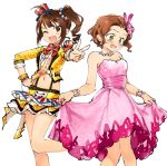  2girls :d ahoge bangs bare_legs bare_shoulders blazer bow bowtie brown_eyes brown_hair commentary cosplay costume_switch crossover dress drill_hair earrings embarrassed eyebrows_visible_through_hair frilled_skirt frills green_eyes hair_ornament hair_slicked_back hand_on_hip hat idol idolmaster idolmaster_cinderella_girls idolmaster_cinderella_girls_starlight_stage idolmaster_million_live! jacket jewelry midriff mini_hat miridereningen multiple_girls namba_emi navel octopus one_eye_closed open_mouth pink_dress sash side_ponytail simple_background skirt skirt_hold smile suspenders upper_teeth wavy_hair white_background yokoyama_nao 