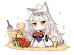  1girl :t ahoge animal animal_ears azur_lane bailingxiao_jiu bangs bird blue_swimsuit blush_stickers brown_eyes brown_gloves casual_one-piece_swimsuit cat_ears cat_girl cat_tail chick closed_mouth commentary_request cup drink drinking_glass eating eyebrows_visible_through_hair food fruit glint gloves head_tilt headpiece holding holding_food jacket kemonomimi_mode long_hair long_sleeves one-piece_swimsuit puffy_long_sleeves puffy_sleeves sand silver_hair solo swimsuit tail tail_raised very_long_hair water_drop watermelon white_background white_jacket z46_(azur_lane) 