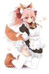  1girl alternate_costume animal_ears apron bell bell_collar braid breasts cat_hair_ornament cat_paws cleavage collar commentary enmaided fangs fate/grand_order fate_(series) fox_ears fox_tail frills gloves hair_ornament highres jingle_bell looking_at_viewer maid maid_apron maid_headdress medium_breasts open_mouth paw_gloves paw_shoes paws pink_hair pukupoyo shoes simple_background solo tail tamamo_(fate)_(all) tamamo_cat_(fate) waist_apron white_background white_legwear 