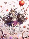  1girl abstract_background absurdres ahoge animal_ears basket black_hair blurry bow cake candy cherry coffee coffee_cup cup depth_of_field disposable_cup doughnut food fox_ears fox_tail frilled_shirt frills fruit hair_bow hand_up heart highres jumping keis_(locrian1357) lollipop long_hair midriff miniskirt multiple_tails neck_ribbon original pose ribbon shirt skirt smile solo staff star suspenders tail thigh-highs violet_eyes zettai_ryouiki 