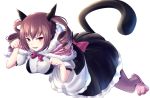  akiha_rumiho animal_ears apron bow breasts cat_ears cat_slippers cat_tail dress drill_hair fang fur-trimmed_hood looking_at_viewer maid maid_apron medium_breasts open_mouth paw_pose pink_hair red_eyes short_hair short_twintails simple_background slit_pupils steins;gate tagame_(tagamecat) tail twin_drills twintails white_background 