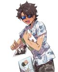  1boy asaki27 blush camouflage caught dropping fate/grand_order fate_(series) fudanshi fujimaru_ritsuka_(male) hawaiian_shirt implied_yaoi looking_at_viewer male_focus manga_(object) romani_archaman shirt simple_background solo sunglasses tan tropical_summer white_background 