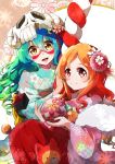 2girls :d absurdres bleach blush brown_eyes commentary_request curly_hair floral_print flower fur-trimmed_kimono fur_trim furisode green_hair hair_flower hair_ornament highres inoue_orihime japanese_clothes kimono long_hair looking_at_viewer multiple_girls nelliel_tu_odelschwanck open_mouth orange_hair skull_hat smile umi_(pixiv6861961) yellow_eyes 