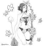  1girl arrow bikini bow_(weapon) breasts circlet cleavage closed_mouth fire_emblem fire_emblem:_kakusei fire_emblem_heroes flower greyscale holding holding_arrow holding_bow_(weapon) holding_weapon insarability medium_breasts midriff monochrome navel noire_(fire_emblem) short_hair simple_background solo swimsuit thigh_strap twitter_username weapon white_background 