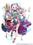  1girl absurdres akiru_(hokuouhuuhu) aqua_dress blue_eyes breasts bun_cover cleavage double_bun dress floral_print full_body gothic_wa_mahou_otome heart_cutout highres holding holding_staff jewelry long_hair looking_at_viewer medium_breasts mimic mimic_chest official_art silver_hair skirt_hold solo staff standing standing_on_one_leg tassel tongue tongue_out very_long_hair watermark 