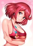  1girl bangs bikini_top blush breast_hold breasts crop_top crossed_arms earrings pyra_(xenoblade) jewelry large_breasts looking_at_viewer red_eyes redhead short_hair smile solo swept_bangs under_boob upper_body watermark xenoblade_(series) xenoblade_2 
