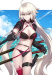  1girl ahoge bangs beach bikini black_bikini black_choker black_gloves black_jacket breasts buckle choker cleavage clouds cloudy_sky collarbone cowboy_shot cropped_jacket day eyebrows_visible_through_hair fate/grand_order fate_(series) floating_hair foreshortening gloves grin groin hair_between_eyes hand_on_hilt head_tilt high_collar highres holding holding_sword holding_weapon horizon jacket jeanne_d&#039;arc_(alter_swimsuit_berserker) jeanne_d&#039;arc_(fate)_(all) katana large_breasts long_hair long_sleeves looking_at_viewer navel o-ring o-ring_bikini o-ring_bottom o-ring_top ocean open_clothes open_jacket outdoors outstretched_arm pale_skin red_legwear scabbard sheath shiguru sidelocks single_thighhigh sky sleeves_rolled_up slit_pupils smile solo standing stomach swimsuit sword thigh-highs thigh_gap thigh_strap tsurime unsheathed v-shaped_eyebrows weapon white_hair yellow_eyes 