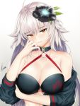  bare_shoulders bikini black_bikini breasts cleavage collar cropped_jacket fate/grand_order fate_(series) flower hair_flower hair_ornament hairpin highres jeanne_d&#039;arc_(alter_swimsuit_berserker) jeanne_d&#039;arc_(fate)_(all) long_hair o-ring o-ring_top piukute062 silver_hair swimsuit white_background yellow_eyes 