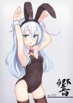  animal_ears bare_shoulders black_leotard blue_eyes blush bow bowtie bunny_girl bunny_pose bunny_tail bunnysuit detached_collar fake_animal_ears hibiki_(kantai_collection) highres kantai_collection leotard long_hair rabbit_ears reitou_mikan simple_background solo strapless strapless_leotard tail thigh-highs translated wrist_cuffs 