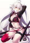  1girl absurdres ahoge bikini black_bikini black_jacket blush breasts choker cleavage collarbone commentary_request cropped_jacket eyebrows_visible_through_hair fate/grand_order fate_(series) highres jacket jeanne_d&#039;arc_(alter_swimsuit_berserker) katana kneeling large_breasts looking_back midriff navel o-ring pale_skin sheath simple_background solo swimsuit sword thigh_strap thighs toujou_masateru weapon yellow_eyes 