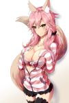  1girl animal_ear_fluff animal_ears black_legwear blush bra breasts cleavage closed_mouth collarbone fate_(series) fox_ears fox_tail hand_on_own_chest highres jewelry kurihara_kazuake large_breasts looking_at_viewer necklace open_clothes pink_bra pink_hair simple_background smile solo standing tail tamamo_(fate)_(all) tamamo_no_mae_(fate) thigh-highs underwear white_background yellow_eyes 