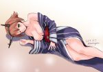  1girl beige_background blue_kimono blue_panties breasts brown_hair dated feet_out_of_frame gradient gradient_background green_eyes hairband headgear japanese_clothes kantai_collection kimono large_breasts looking_at_viewer lying maira_gen mutsu_(kantai_collection) on_side panties pantyshot parted_lips short_hair solo striped striped_kimono twitter_username underwear yukata 