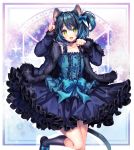  1boy :d animal_ears bangs bare_shoulders blue_dress blue_hair bow buttons cat_ears cat_tail choker commission dress fang feet_out_of_frame frilled_dress frills fur_trim green_eyes hair_between_eyes hair_bow long_sleeves looking_at_viewer open_mouth ryoune_yami sasucchi95 short_hair side_ponytail smile socks tail trap utau 