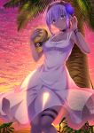  1girl bangs bikini bikini_under_clothes breasts coconut_tree commentary_request dark_skin dress emanon123 fate/grand_order fate_(series) hair_between_eyes hand_in_hair hassan_of_serenity_(fate) hat headband highres medium_breasts open_mouth palm_tree purple_hair see-through short_hair sleeveless sleeveless_dress solo straw_hat sundress sunset swimsuit tree violet_eyes white_bikini 