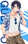  1boy absurdres adonis_belt ayana2123 black_hair blue_eyes camouflage camouflage_shorts character_name command_spell cowboy_shot fate/grand_order fate_(series) fujimaru_ritsuka_(male) hawaiian_shirt head_tilt highres jewelry looking_at_viewer male_focus midriff navel necklace open_clothes open_shirt shirt shorts smile solo sunglasses tank_top tropical_summer v wristband 