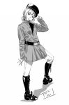  1girl arm_at_side arm_up belt belt_buckle boots buckle dated greyscale hat head_tilt jacket knee_boots long_hair long_sleeves low_ponytail monochrome original pants peaked_cap ponytail sleeves_past_wrists solo standing werkbau white_background 