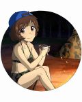  akiyama_yukari backwards_hat bangs baseball_cap bikini bikini_shorts blue_hat breasts brown_eyes brown_hair camouflage camouflage_bikini campfire circle closed_mouth commentary cup eyebrows_visible_through_hair girls_und_panzer green_bikini hat holding holding_cup looking_at_viewer messy_hair nana_(manaita_koumuten) navel night outside_border short_hair shorts sitting small_breasts smile swimsuit tent 