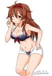  1girl bikini black_bikini brown_eyes brown_hair commentary_request feet_out_of_frame hair_flaps hairband index_finger_raised kantai_collection long_hair looking_at_viewer masara_(masalucky2010) open_fly red_hairband remodel_(kantai_collection) shiratsuyu_(kantai_collection) shorts simple_background smile solo swimsuit white_background white_shorts 