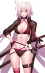  1girl absurdly_long_hair asymmetrical_legwear bikini black_bikini black_gloves blush breasts cleavage collarbone cowboy_shot eyebrows_visible_through_hair fate/grand_order fate_(series) floating_hair gloves gluteal_fold grin groin hair_between_eyes hand_on_hip highres jeanne_d&#039;arc_(alter_swimsuit_berserker) large_breasts long_hair looking_at_viewer navel o-ring o-ring_bikini rahato red_legwear sheath sheathed silver_hair simple_background smile solo standing swimsuit sword thigh-highs thigh_strap very_long_hair weapon white_background yellow_eyes 