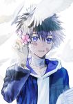  1boy absurdres bandage bandaged_fingers bandages bandaid bandaid_on_arm bandaid_on_face bandaid_on_finger bird blue_eyes blue_hair dove flower hair_flower hair_ornament hand_up highres kamijou_touma looking_at_viewer male_focus parted_lips spiky_hair to_aru_majutsu_no_index untit upper_body 