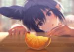  1girl animal_ears bangs black_hair blurry blurry_background blush bug commentary_request day depth_of_field eyebrows_visible_through_hair food fruit hair_between_eyes head_rest highres indoors insect ladybug mano_(narumi_arata) narumi_arata open_mouth orange orange_slice original pointy_ears red_eyes short_hair solo table violet_eyes window 