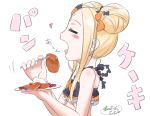  1girl =_= abigail_williams_(fate/grand_order) bare_arms bare_shoulders bikini black_bikini black_bow blonde_hair blush_stickers bow closed_eyes commentary_request double_bun fang fate/grand_order fate_(series) fingernails food fork hair_bow heart holding holding_fork holding_plate long_hair neon-tetora open_mouth orange_bow pancake plate profile side_bun sidelocks signature simple_background solo swimsuit translated white_background 