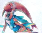  1girl fins fish_girl hair_ornament jewelry long_hair mipha monster_girl multicolored multicolored_skin no_eyebrows red_skin redhead simple_background solo the_legend_of_zelda the_legend_of_zelda:_breath_of_the_wild yellow_eyes yo_mo zora 