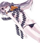  1girl bare_arms bare_shoulders black_neckwear bow bowtie copyright_request dutch_angle grey_hair highres long_hair looking_at_viewer misumi_(macaroni) navel orange_neckwear parted_lips red_eyes simple_background solo standing white_background 