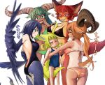  animal_ears ass bangs between_breasts bikini black_bikini blonde_hair blue_swimsuit blue_wings breasts cleavage collarbone doitsuken eyebrows_visible_through_hair feathered_wings feathers fox_child_(doitsuken) green_hair harpy horns large_breasts long_hair monster_girl name_tag navel old_school_swimsuit one-piece_swimsuit orange_hair original redhead school_swimsuit side-tie_bikini simple_background swimsuit tail talons tan tanline translated white_background white_bikini winged_arms wings yellow_eyes 